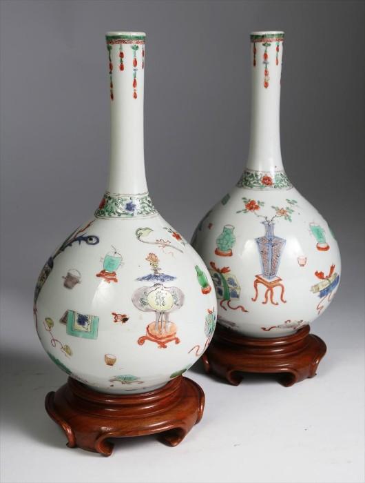 Pair Chinese Porcelain Famille Verte Bottle Vases, Kangxi Period