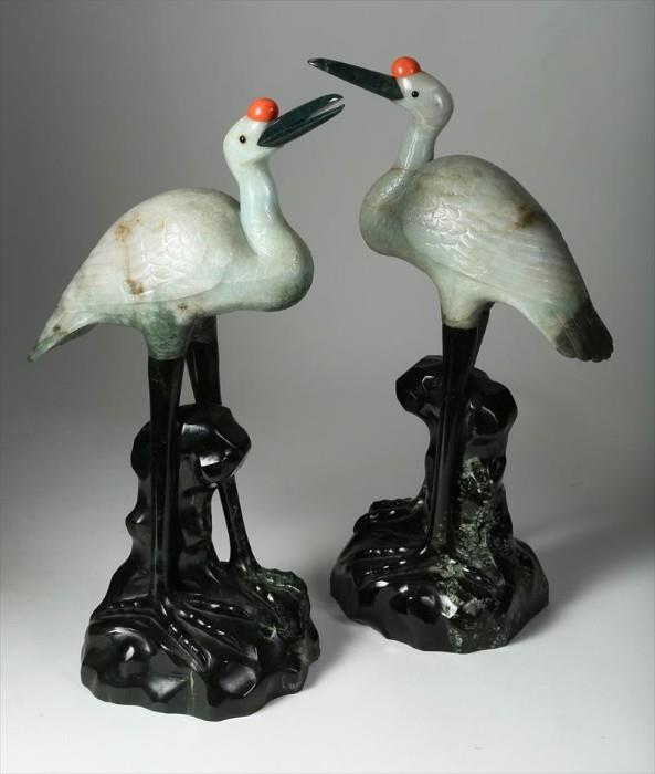 Pair of Chinese Jadeite, Coral, Marble and Agate Figures of Cranes, 20th Century