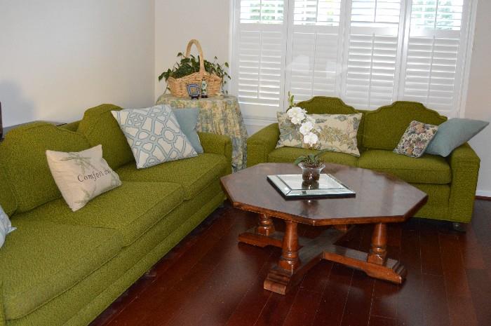 Vintage sofa and loveseat.  Decorative pillows.  Octagon coffee table.  THESE ARE PRICED TO MOVE.  