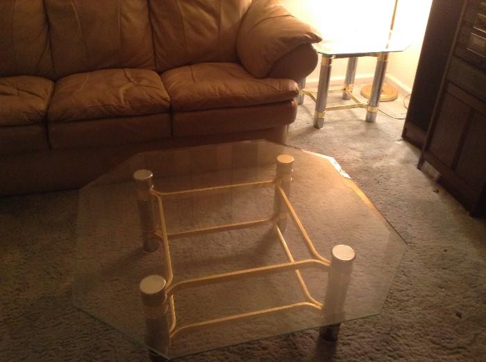 Glass, chrome and brass coffee and end table