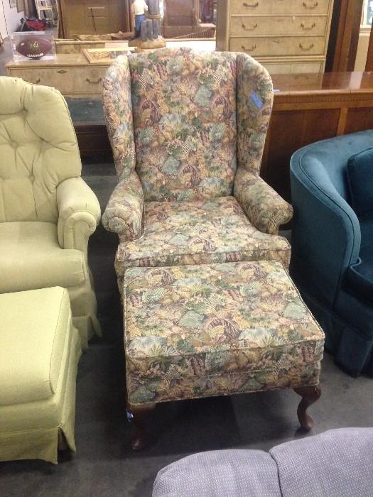 Comfortable Floral Wingback Chair with matching Ottoman 