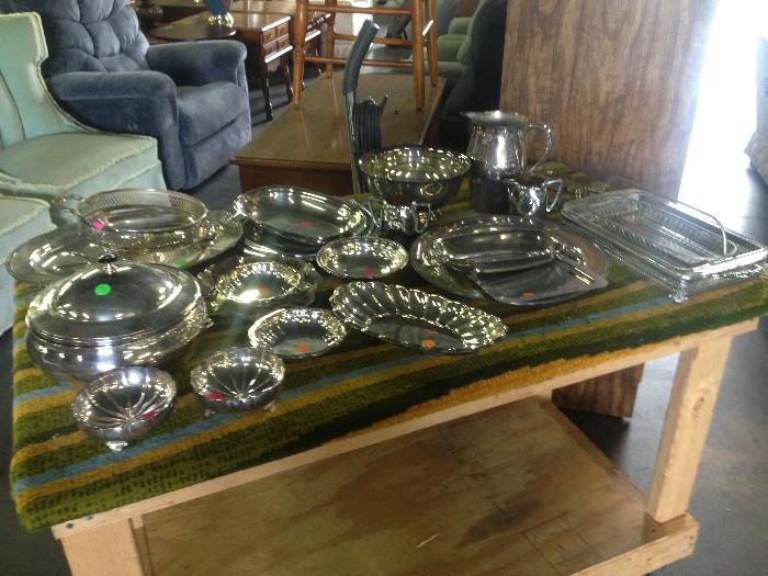 Various Silver Decorative Plates and Serving Platters