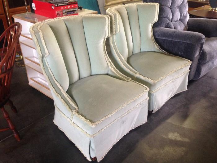 Two Matching Light Green Wing Back Chairs with Beige Trim