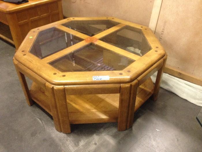 Octagonal Glass and Wooden Coffee Table