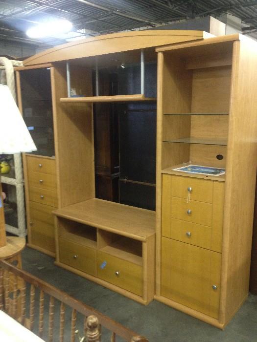 Wooden Entertainment Center with Glass Shelving and Storage
