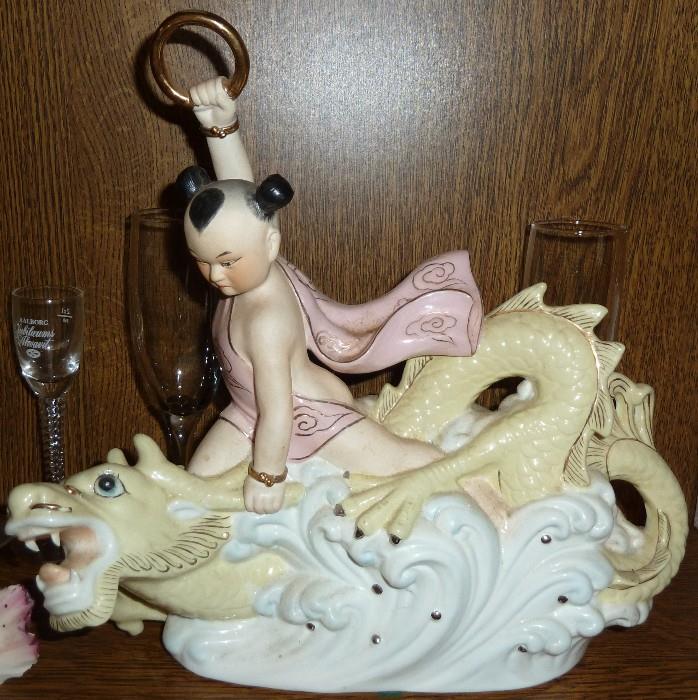 Vintage China Bisque Porcelain Boy Riding Dragon Figurine