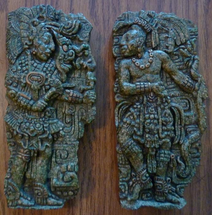 Nice Vintage Pair ZAREBSKI Mexican Aztec Mayan Malachite Wall Plaques with labels