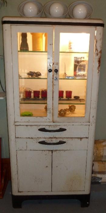 Antique Metal & Glass Industrial Medical Cabinet