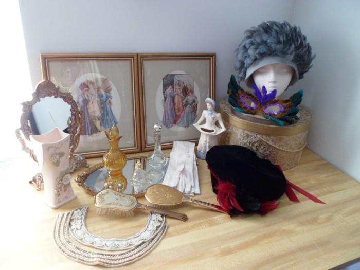 Dresser Items, Beaded Collars,Perfume bottles, hats, gloves,mirrors, Enesco Vase, Pictures & Brushes.