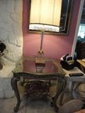 One of set of 2 crystal lamps / marble base end table has a match and coffee table 