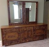 Mid Century Modern (MCM) Lane "Pueblo" Brutalist Bedroom Set - Adrian Pearsall or Paul Evans Style: Armoire, Lowboy Dresser w/ Mirror, Nightstand,  and Queen Size Bed. (Select Comfort Sleep Number Mattress Set Separate).