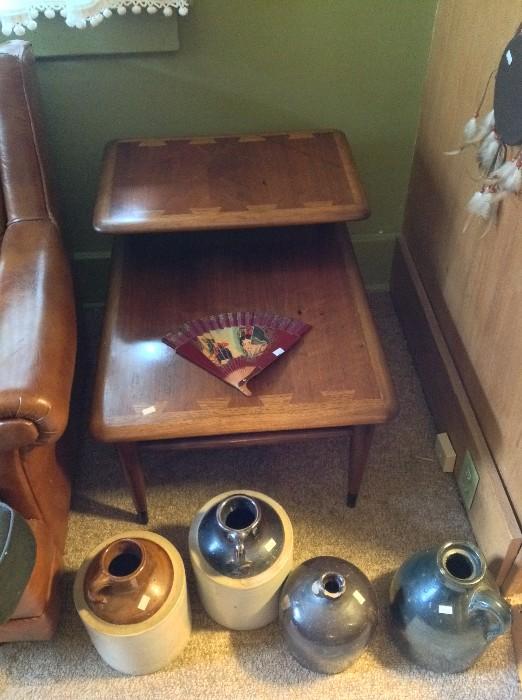Two Lane mid century end tables and some of the crocks