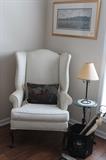 white wingback chair toile painted trash can