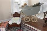 antique doll bed, vintage baby carriage, Posie doll in original box