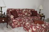 floral sofa, end tables, lamps