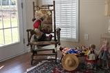 ANTIQUE PLATFORM ROCKER CRAZY QUILT BEAR, COLLECTIBLE DOLLS