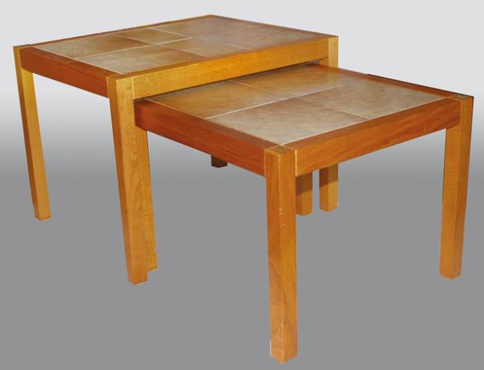 Nesting table pair: solid teak with tiled tops in neutral tones (about 20" tall)