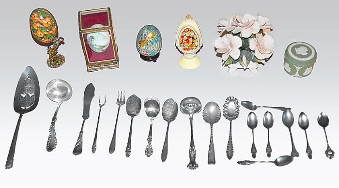 Silverplated serving utensils and a sampling of decorative art (including eggs, porcelain, wood)