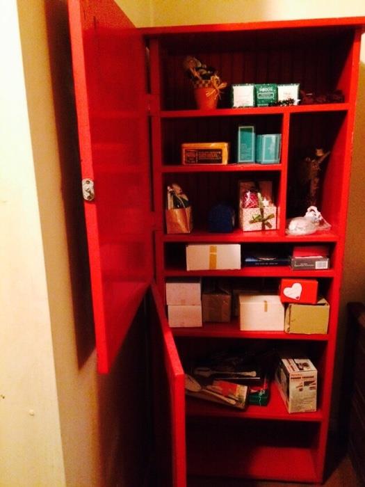 Vintage red cabinet - beadboard back.