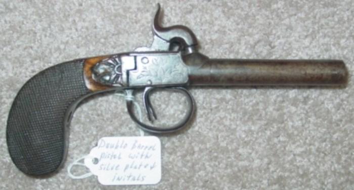 1840 - 1860 Double Barrel Pistol w/Silver Plate & Initials 