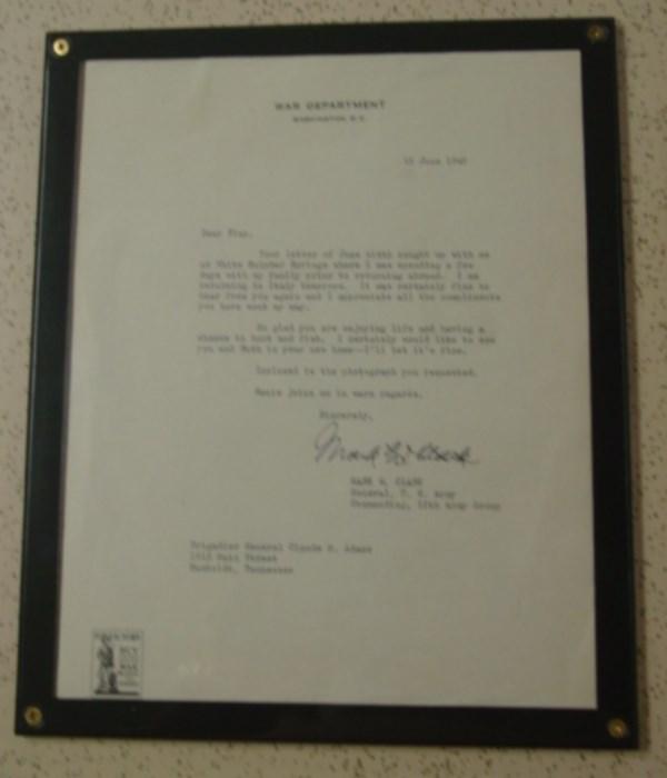 Signed Letter From Mark Clark To Tennessee General ( Sells With Next Photo)