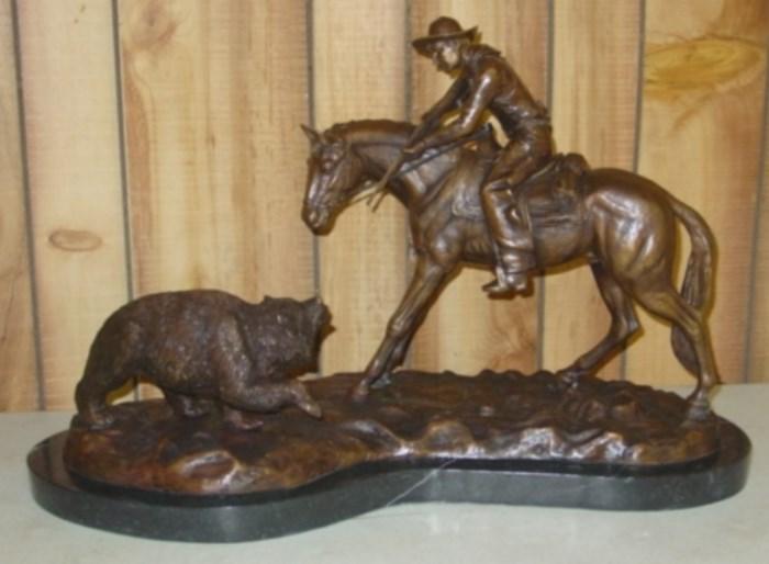 Large Bronze Cowboy & Bear Statue