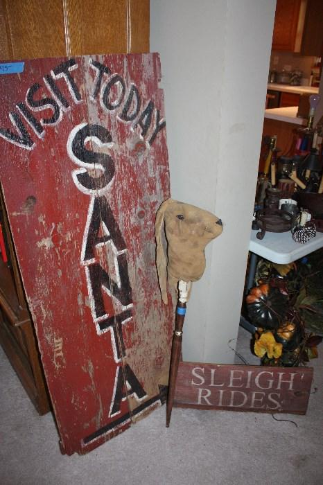 Vintage Barn Wood Signs, Rabbit Riding Stick.