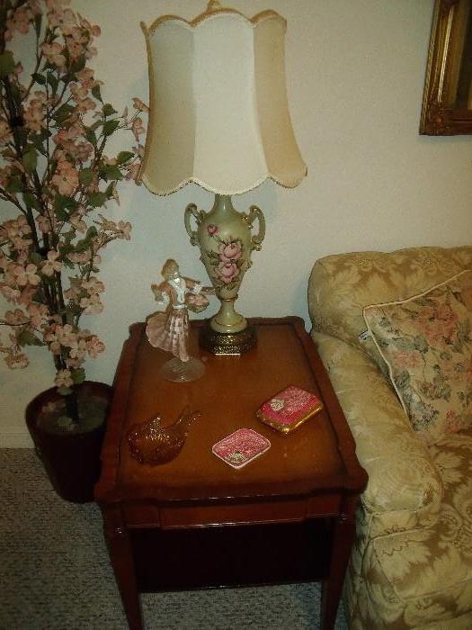 Matching side table with leather inset.  Lamp is one of a pair