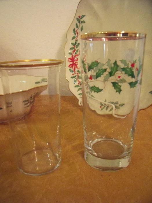 Highball glass in crystal and water glass in Lenox Holiday pattern