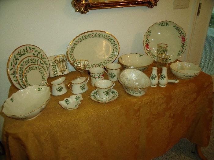 Lenox "Holiday" Christmas china - complete set plus serving pieces and glasses.  Service for 10, made in the USA.  Most of set has never been used.  Entire set NOT shown