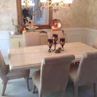 Ello travertine marble dining table and buffet with 6 suede side chairs