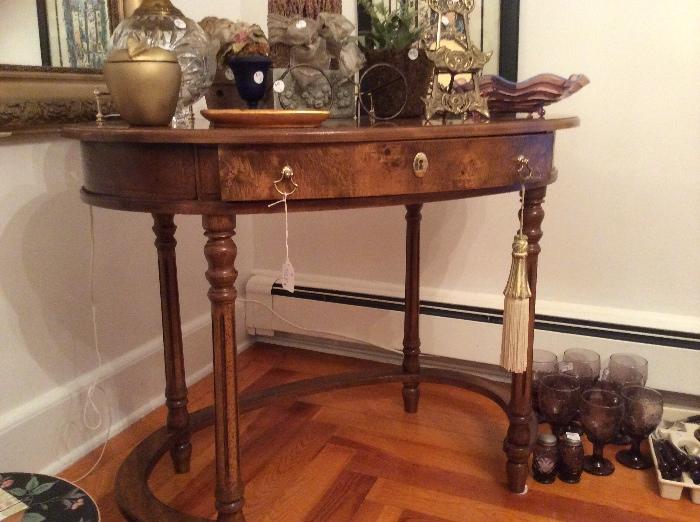 Side table, serving pieces and decor