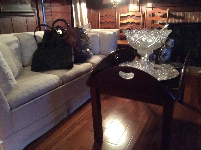 2 couches, serving sets, antique punch bowl, coffee tables and high boy