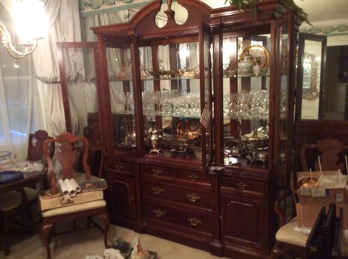 Large hutch, table, chairs and silver service pieces