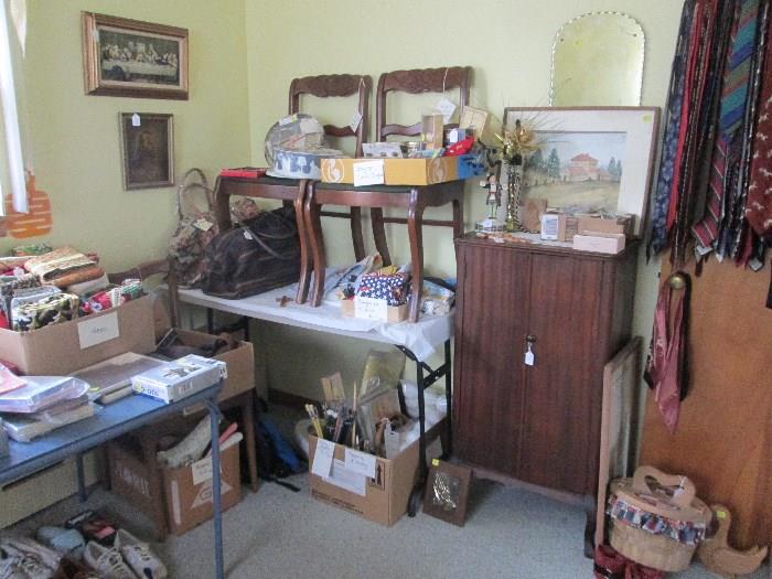 Pair of chairs, sewing items, craft supplies, shoes, ties, music cabinet and more
