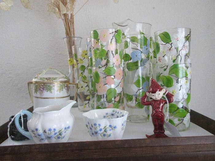 Hand painted Lemonade Pitcher with 12 glasses, china pieces