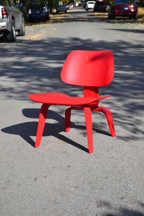 Eames LCW by Herman Miller, rare red production model from 2007 labeled