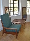 Danish Modern Teak Rocker with knoll fabric redone, Eames Evans labeled CTW coffee table, Broyhill mirrors