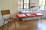 Arthur Umanoff desk chair, Bench with fantastic org. orange cushions, side table w/built-in magazine rack & mad men-stle desk lamp