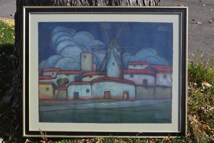 Very large Swedish windmill watercolor w new frame signed F. Pascual-Ayllon