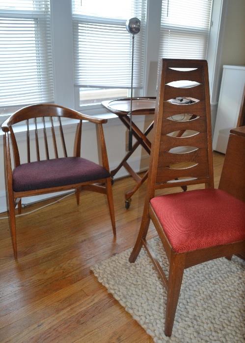 Set of 6 Ladderback dining chairs (one shown) with new org knoll fabric, Danish serving cart, Wegner-ish Swoop arm chair& Sonnenman curving wall-mount light