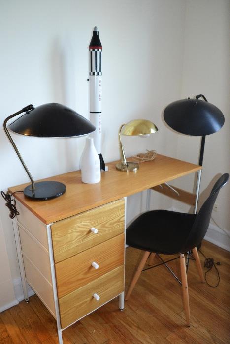 George Nelson desk pictured with Black Eames Shell chair (dowel base) newer,  Apollo Rocket, Mad MEn brass desk lamp & matching pair of lightolier lamps by Gerald Thurston (one floor / one desk)
