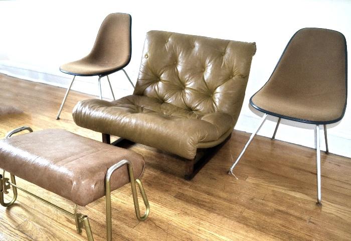 Groovy Lounger chair by Varon of Denmark with a pretty cool matching ottoman (US) & 2 Eames shell chairs in mustard