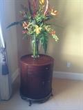 drum side table, floral arrangment