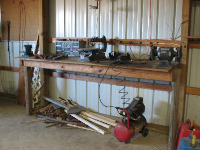 16 inch scroll saw, bench grinder and 6-gallon air compressor, shop force.