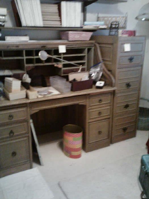 Oak Roll Top Desk and File Cabinet