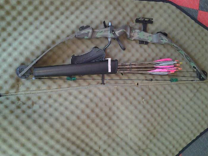 Hoyt Raider compound bow, with a draw length of 30 and Bow string 36 with Accura 300 sights, Quiver, Arrows, ans Wrist Guard