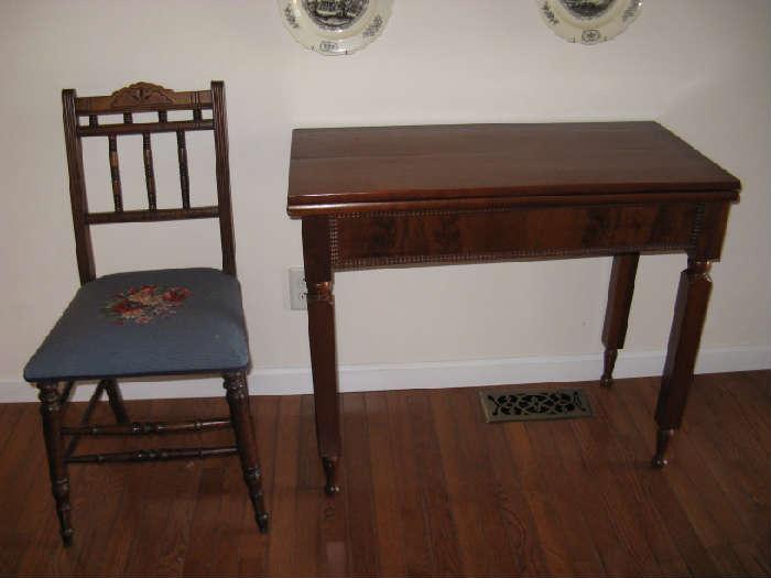 NEEDLEPOINT /TABESTRY CHAIR & ANTIQUE LIBRARY TABLE/ DESK