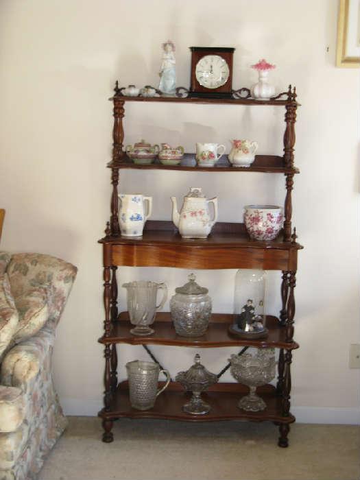 ANTIQUE SHELFE WITH EAPG, MEAKIN, MORE
