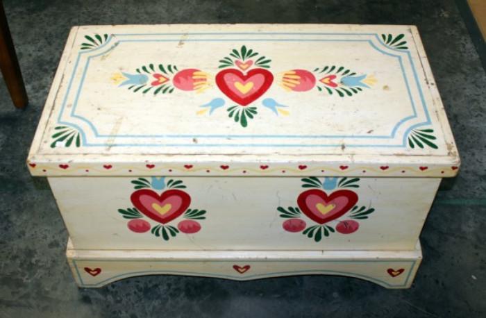  	Hand Painted Wooden Trunk. Approx 34" W x 18" D x 19" H